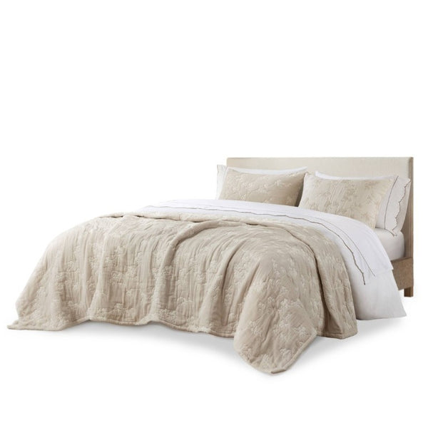 English Elm 3 Piece King Jacquard Cotton Gauze Quilt Set Breathable 480GSM All Season Warmth Linen B035P529080