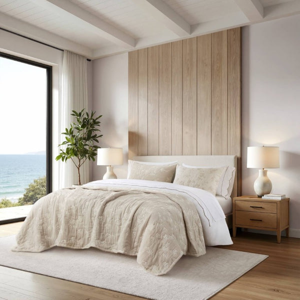 English Elm 3 Piece King Jacquard Cotton Gauze Quilt Set Breathable 480GSM All Season Warmth Linen B035P529080