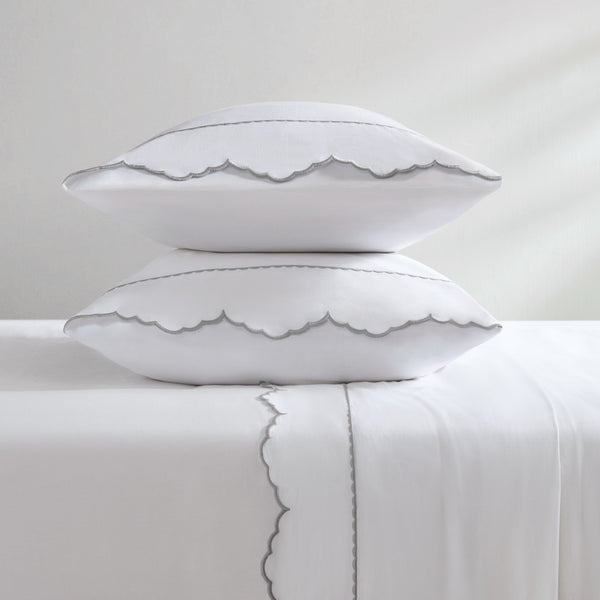 English Elm 4 Piece Queen Cotton Sateen Sheet Set with Scallop Embroidery for Refined Bedrooms Grey+White B035P529081