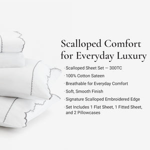 English Elm 4 Piece Queen Cotton Sateen Sheet Set with Scallop Embroidery for Refined Bedrooms Grey+White B035P529081