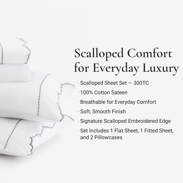 English Elm 4 Piece Queen Cotton Sateen Sheet Set with Scallop Embroidery for Refined Bedrooms Grey+White B035P529081