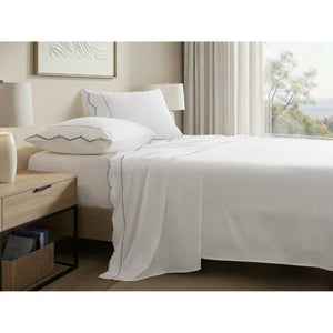 English Elm 4 Piece Queen Cotton Sateen Sheet Set with Scallop Embroidery for Refined Bedrooms Grey+White B035P529081
