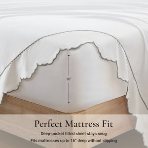 English Elm 4 Piece Queen Cotton Sateen Sheet Set with Scallop Embroidery for Refined Bedrooms Grey+White B035P529081