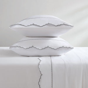 English Elm 4 Piece King Cotton Sheet Set with Sateen Weave Scallop Embroidery Deep Pocket Bedding Grey+White B035P529082