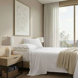 English Elm 4 Piece King Cotton Sheet Set with Sateen Weave Scallop Embroidery Deep Pocket Bedding Grey+White B035P529082