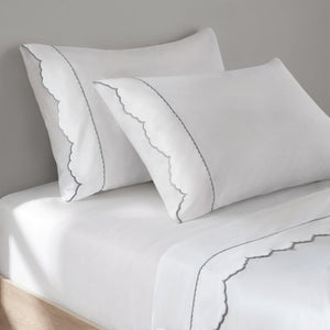 English Elm 4 Piece King Cotton Sheet Set with Sateen Weave Scallop Embroidery Deep Pocket Bedding Grey+White B035P529082