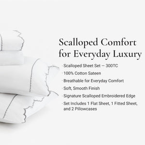English Elm 4 Piece King Cotton Sheet Set with Sateen Weave Scallop Embroidery Deep Pocket Bedding Grey+White B035P529082