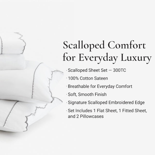 English Elm 4 Piece King Cotton Sheet Set with Sateen Weave Scallop Embroidery Deep Pocket Bedding Grey+White B035P529082