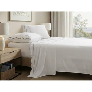 English Elm 4 Piece King Cotton Sheet Set with Sateen Weave Scallop Embroidery Deep Pocket Bedding Grey+White B035P529082