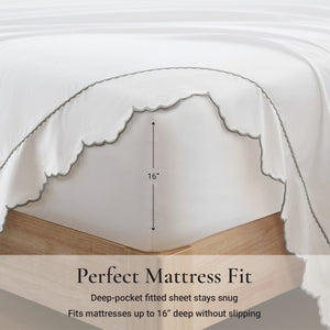 English Elm 4 Piece King Cotton Sheet Set with Sateen Weave Scallop Embroidery Deep Pocket Bedding Grey+White B035P529082