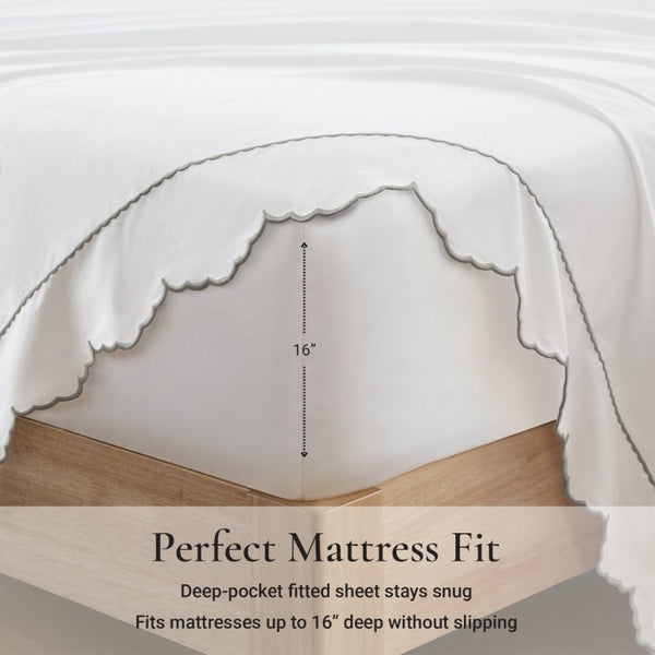 English Elm 4 Piece King Cotton Sheet Set with Sateen Weave Scallop Embroidery Deep Pocket Bedding Grey+White B035P529082
