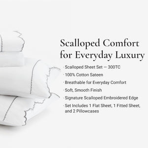 English Elm 4 Piece Cotton Sateen Sheet Set with Scallop Embroidery for a Refined Bedroom Cal King Grey+White B035P529083