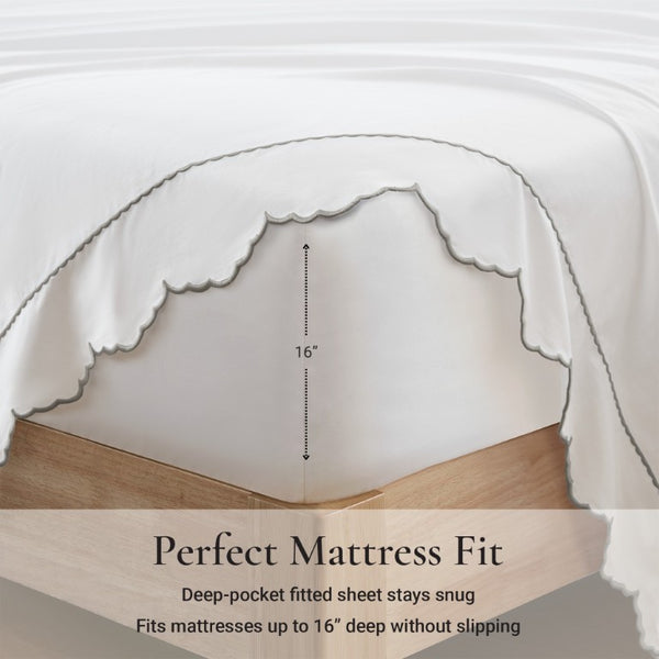English Elm 4 Piece Cotton Sateen Sheet Set with Scallop Embroidery for a Refined Bedroom Cal King Grey+White B035P529083