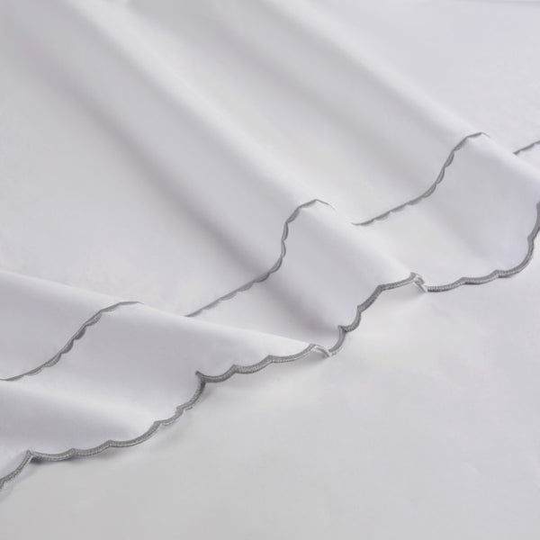English Elm 4 Piece Cotton Sateen Sheet Set with Scallop Embroidery for a Refined Bedroom Split King Grey+White B035P529084