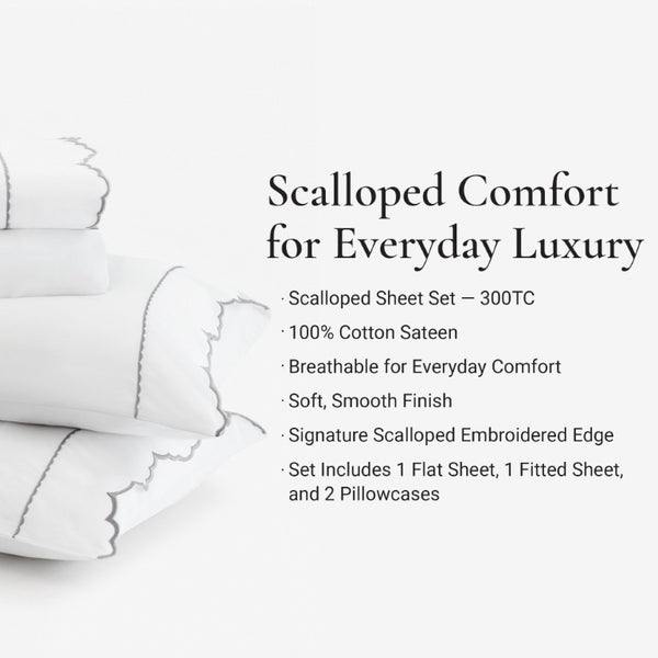 English Elm 4 Piece Cotton Sateen Sheet Set with Scallop Embroidery for a Refined Bedroom Split King Grey+White B035P529084