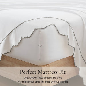 English Elm 4 Piece Cotton Sateen Sheet Set with Scallop Embroidery for a Refined Bedroom Split King Grey+White B035P529084