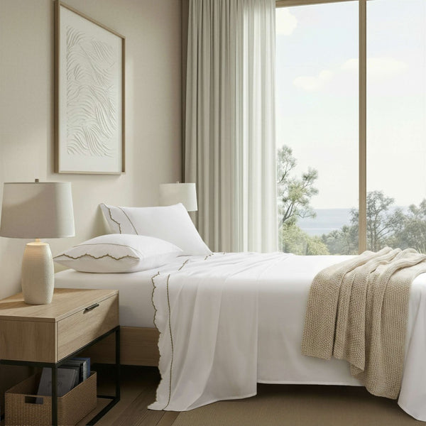 English Elm 4 Piece Queen Cotton Sateen Sheet Set with Scallop Embroidery for Refined Bedrooms Linen B035P529085