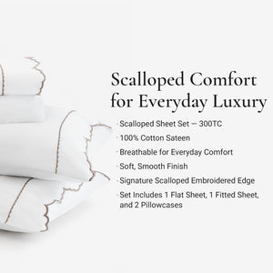 English Elm 4 Piece Queen Cotton Sateen Sheet Set with Scallop Embroidery for Refined Bedrooms Linen B035P529085