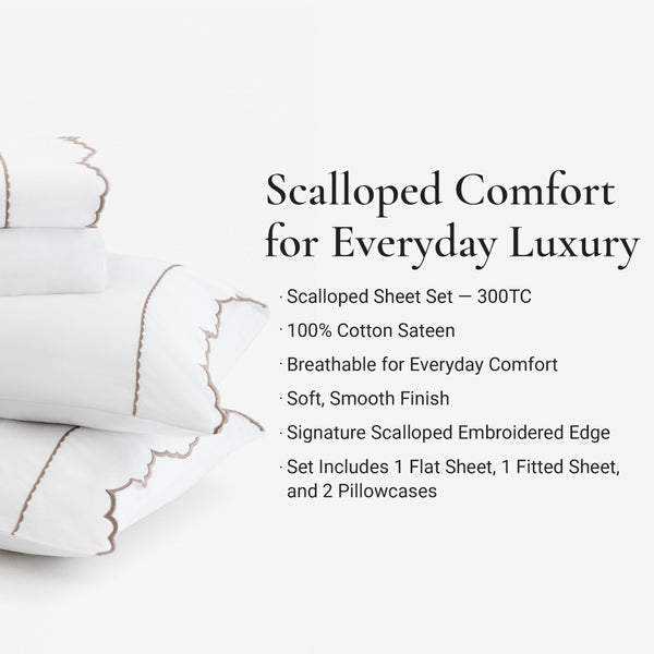 English Elm 4 Piece Queen Cotton Sateen Sheet Set with Scallop Embroidery for Refined Bedrooms Linen B035P529085