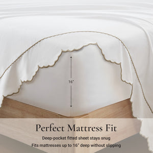 English Elm 4 Piece Queen Cotton Sateen Sheet Set with Scallop Embroidery for Refined Bedrooms Linen B035P529085