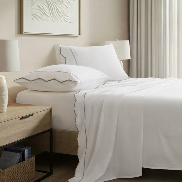 English Elm 4 Piece Cal King Sateen Cotton Sheet Set with Scallop Embroidery and Deep Pocket Fit Linen B035P529087