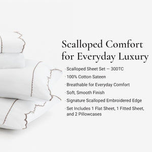 English Elm 4 Piece Cal King Sateen Cotton Sheet Set with Scallop Embroidery and Deep Pocket Fit Linen B035P529087