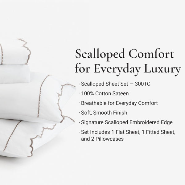 English Elm 4 Piece Cal King Sateen Cotton Sheet Set with Scallop Embroidery and Deep Pocket Fit Linen B035P529087