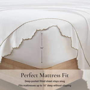 English Elm 4 Piece Cal King Sateen Cotton Sheet Set with Scallop Embroidery and Deep Pocket Fit Linen B035P529087