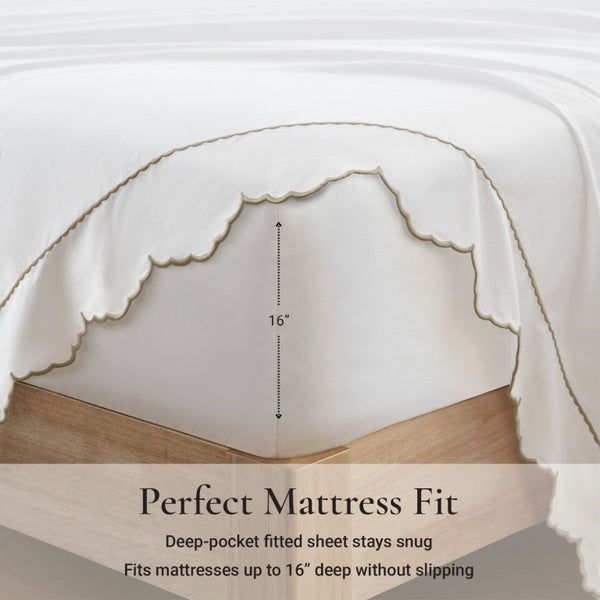English Elm 4 Piece Cal King Sateen Cotton Sheet Set with Scallop Embroidery and Deep Pocket Fit Linen B035P529087