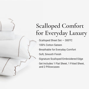 English Elm 4 Piece Split King Cotton Sateen Sheet Set with Scallop Embroidery for Adjustable Beds Linen 4 Pieces B035P529088