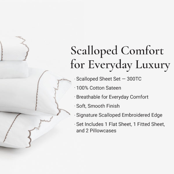 English Elm 4 Piece Split King Cotton Sateen Sheet Set with Scallop Embroidery for Adjustable Beds Linen 4 Pieces B035P529088