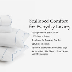 English Elm 4 Piece Queen Cotton Sateen Sheet Set with Scallop Embroidery for Refined Bedrooms White+Blue B035P529089