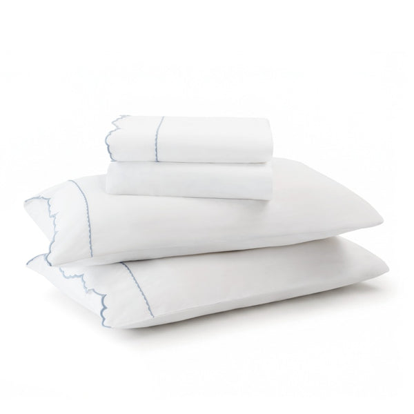 English Elm 4 Piece Queen Cotton Sateen Sheet Set with Scallop Embroidery for Refined Bedrooms White+Blue B035P529089