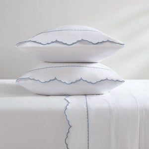 English Elm 4 Piece Queen Cotton Sateen Sheet Set with Scallop Embroidery for Refined Bedrooms White+Blue B035P529089