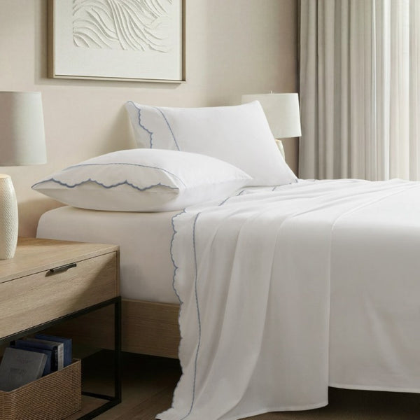English Elm 4 Piece King Cotton Sheet Set with Sateen Weave Scallop Embroidery Deep Pocket Bedding White+Blue B035P529090