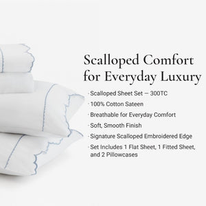 English Elm 4 Piece King Cotton Sheet Set with Sateen Weave Scallop Embroidery Deep Pocket Bedding White+Blue B035P529090