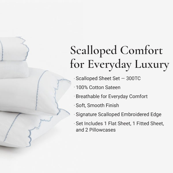 English Elm 4 Piece King Cotton Sheet Set with Sateen Weave Scallop Embroidery Deep Pocket Bedding White+Blue B035P529090