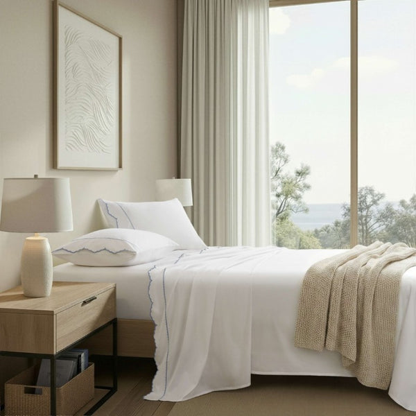 English Elm 4 Piece King Cotton Sheet Set with Sateen Weave Scallop Embroidery Deep Pocket Bedding White+Blue B035P529090