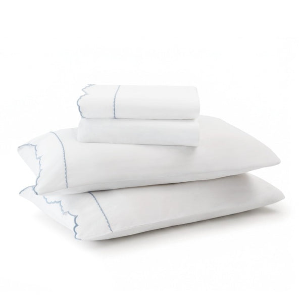 English Elm 4 Piece King Cotton Sheet Set with Sateen Weave Scallop Embroidery Deep Pocket Bedding White+Blue B035P529090