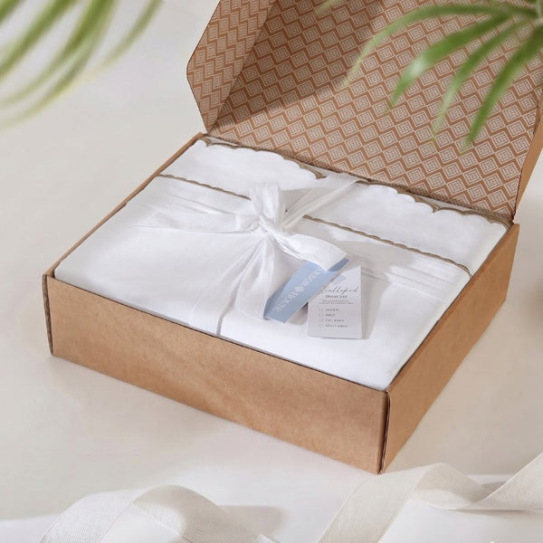 English Elm 4 Piece King Cotton Sheet Set with Sateen Weave Scallop Embroidery Deep Pocket Bedding White+Blue B035P529090