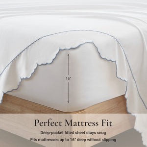 English Elm 4 Piece King Cotton Sheet Set with Sateen Weave Scallop Embroidery Deep Pocket Bedding White+Blue B035P529090