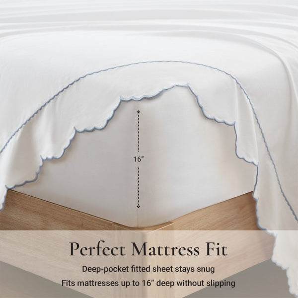 English Elm 4 Piece King Cotton Sheet Set with Sateen Weave Scallop Embroidery Deep Pocket Bedding White+Blue B035P529090