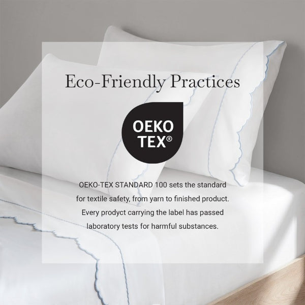 English Elm 4 Piece King Cotton Sheet Set with Sateen Weave Scallop Embroidery Deep Pocket Bedding White+Blue B035P529090