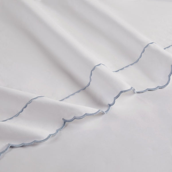 English Elm 4 Piece King Cotton Sheet Set with Sateen Weave Scallop Embroidery Deep Pocket Bedding White+Blue B035P529090