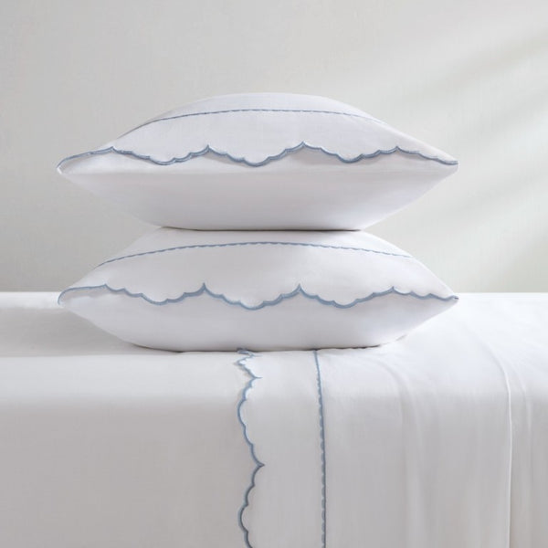 English Elm 4 Piece King Cotton Sheet Set with Sateen Weave Scallop Embroidery Deep Pocket Bedding White+Blue B035P529090