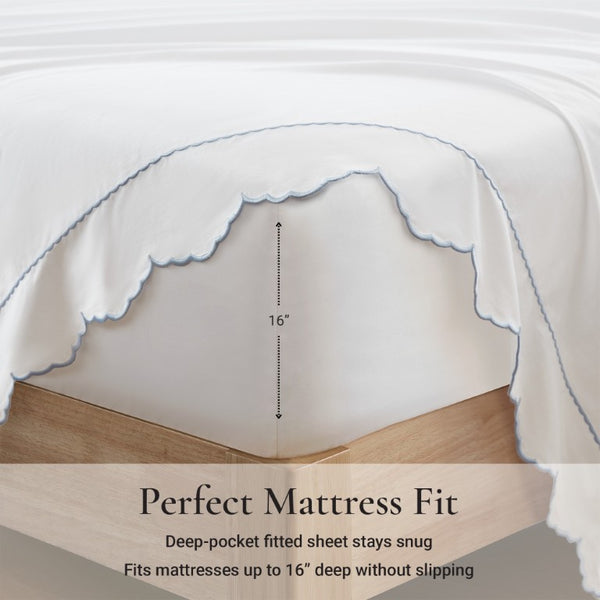 English Elm 4 Piece Cotton Sateen Sheet Set with Scallop Embroidery for a Refined Bedroom Cal King White+Blue B035P529091