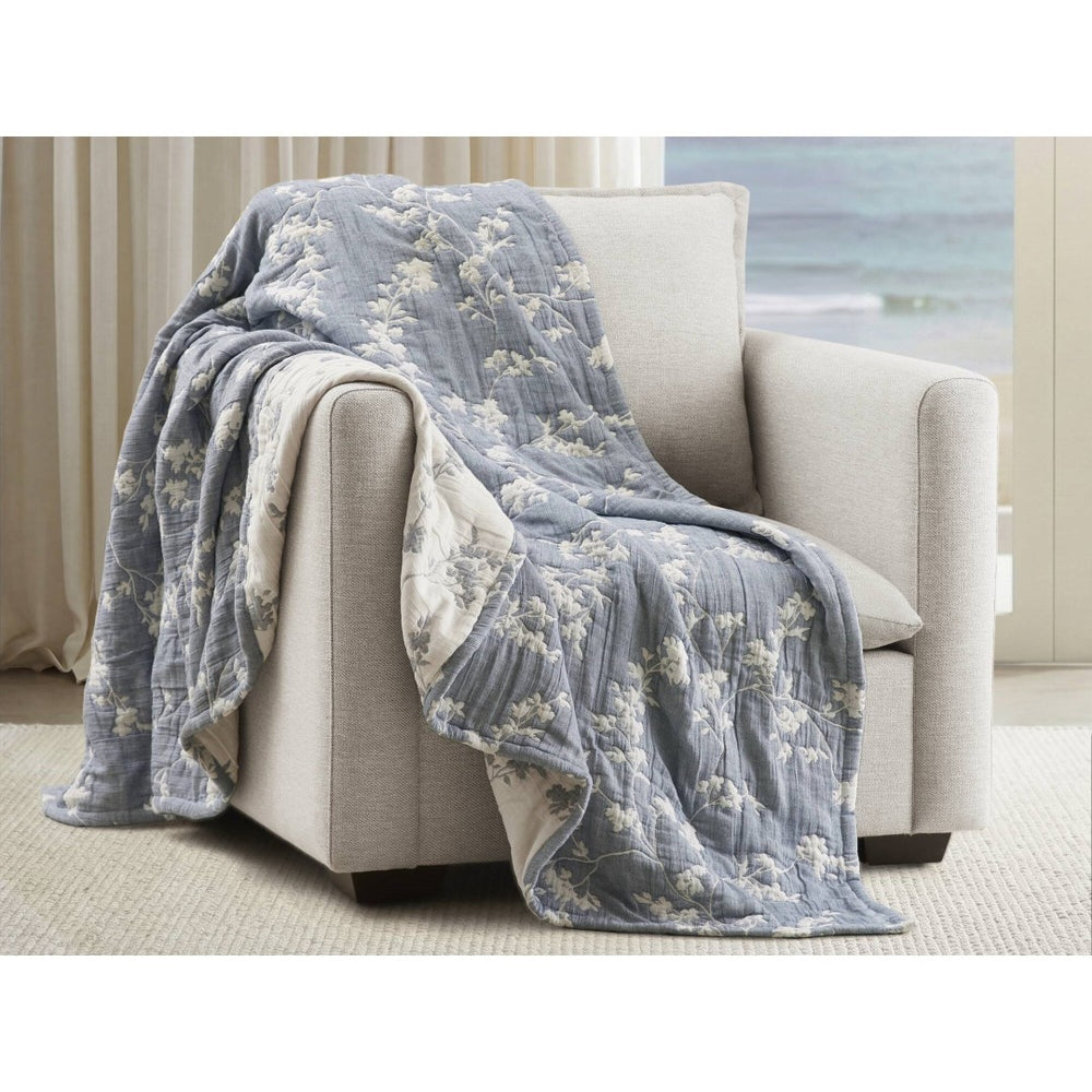 English Elm 1 Piece Heavyweight Cotton Jacquard Throw Woven Botanical Motif for Sofa or Bed Blue B035P529101