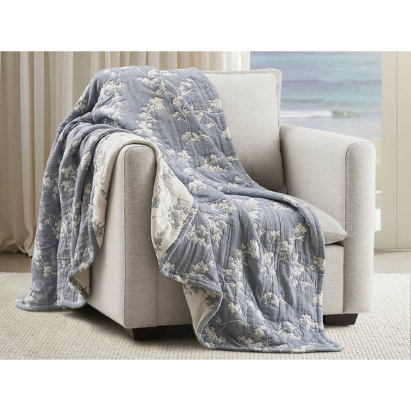 English Elm 1 Piece Heavyweight Cotton Jacquard Throw Woven Botanical Motif for Sofa or Bed Blue B035P529101