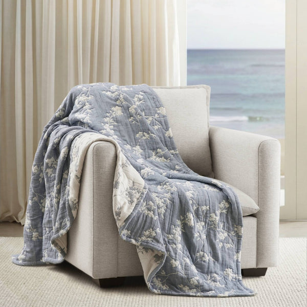 English Elm 1 Piece Heavyweight Cotton Jacquard Throw Woven Botanical Motif for Sofa or Bed Blue B035P529101