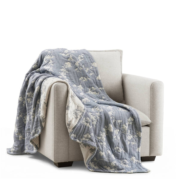 English Elm 1 Piece Heavyweight Cotton Jacquard Throw Woven Botanical Motif for Sofa or Bed Blue B035P529101